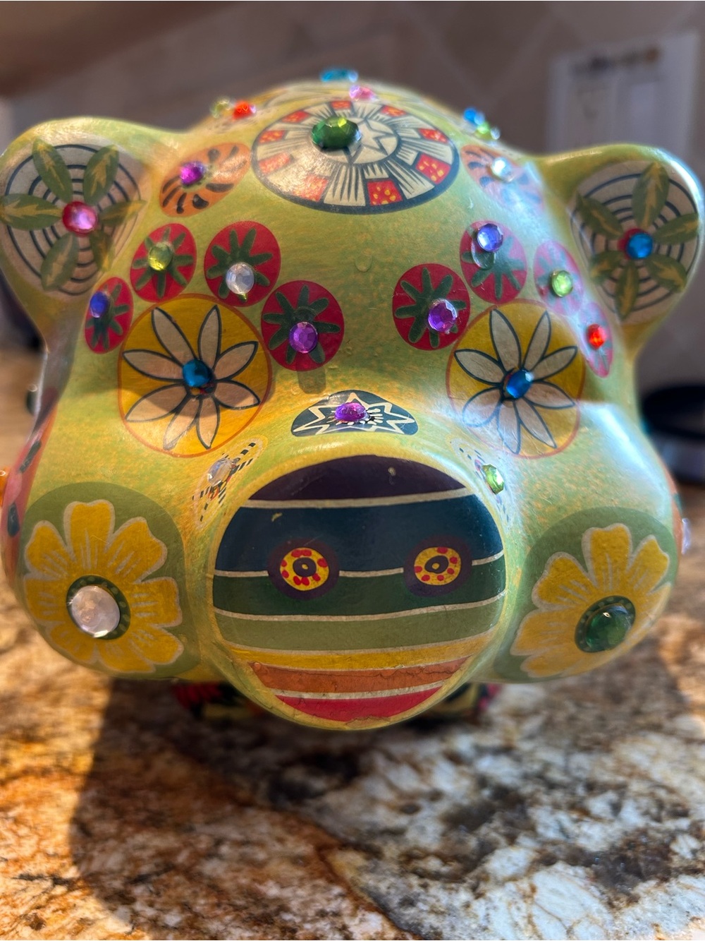 Vintage Mexican Green 10” Piggy Hand Painted Ceramic Flowers Gem Stone Folk Art.